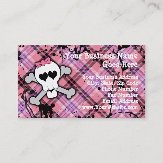 Pink Skull and Crossbones with Hearts and Bow Business Card (Front)