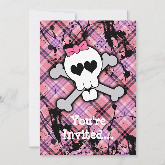 Pink Skull and Crossbones with Hearts and Bow Invitation (Front)