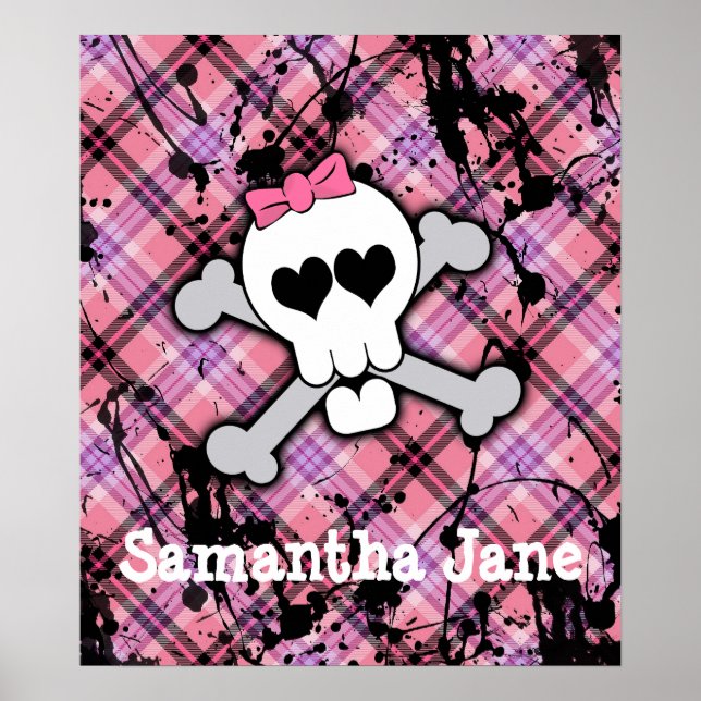 Pink Skull and Crossbones with Hearts and Bow Poster (Front)