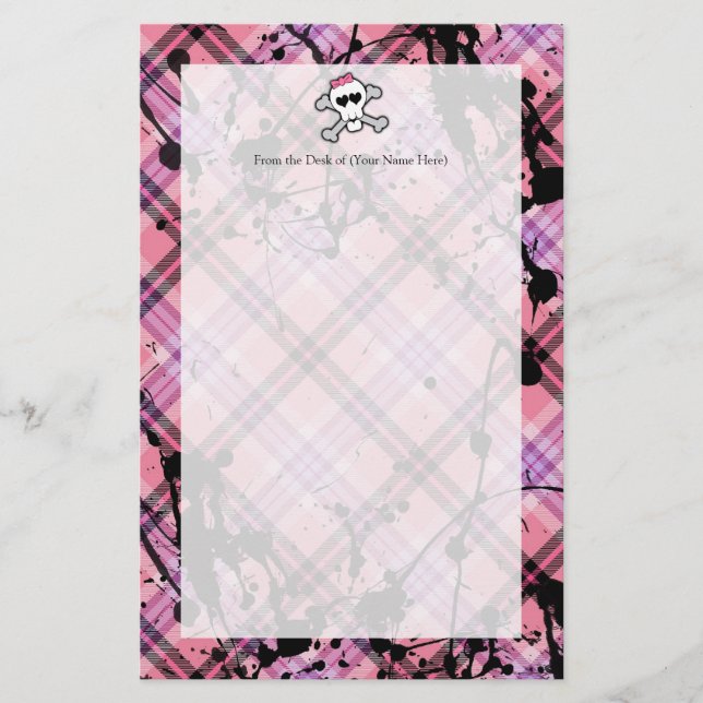 Pink Skull and Crossbones with Hearts and Bow Stationery (Front)