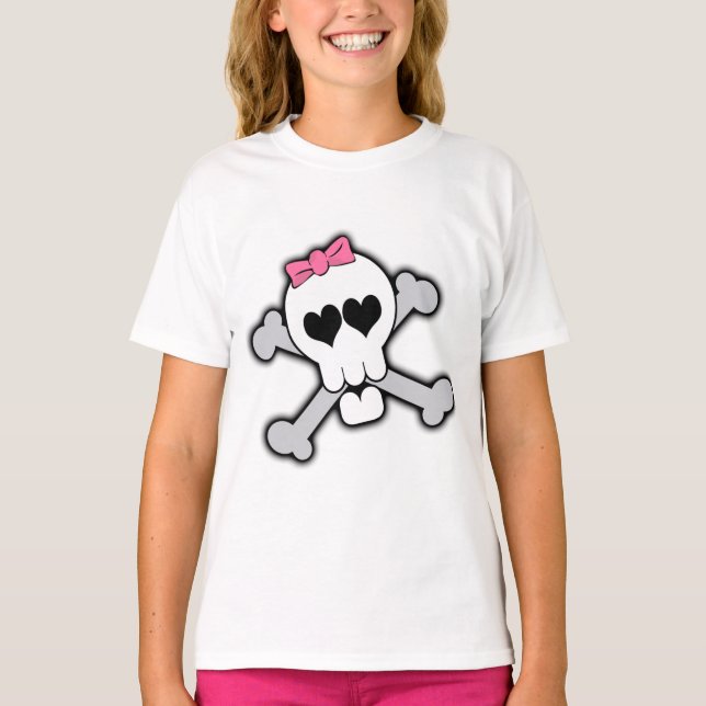 Pink Skull and Crossbones with Hearts and Bow T-Shirt (Front)