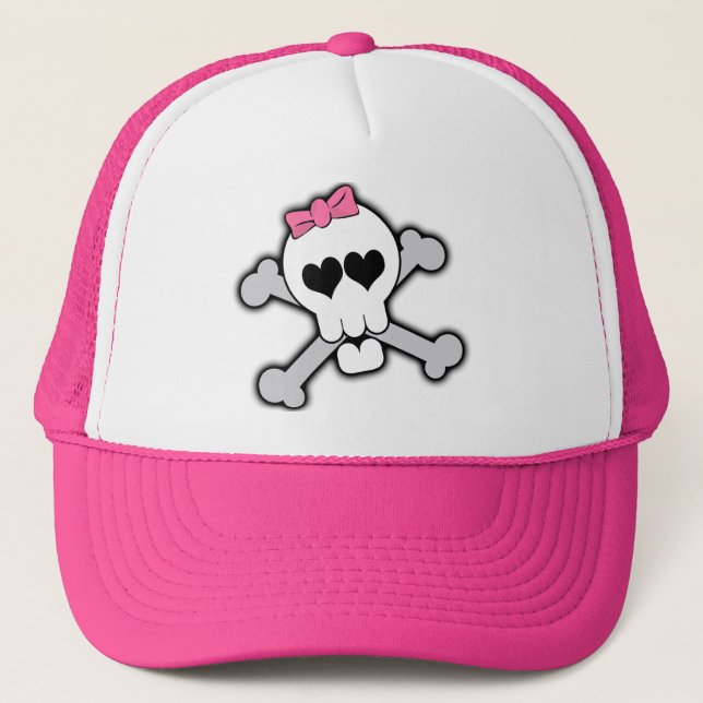 Pink Skull and Crossbones with Hearts and Bow Trucker Hat (Front)