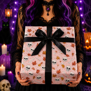Pink Skull Autumn Leaves Halloween Pattern Wrapping Paper