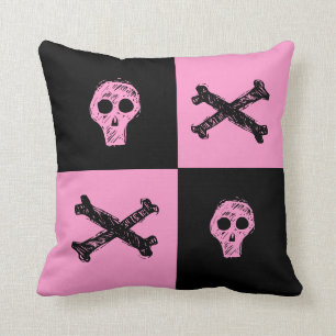pink skull black and pink chequered board  pattern cushion