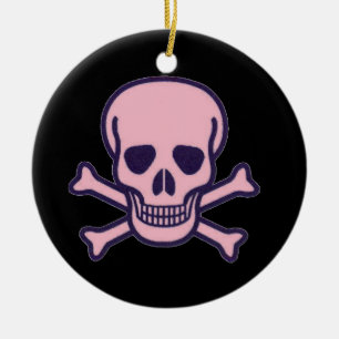 Pink Skull black round ceramic ornament 2 sided