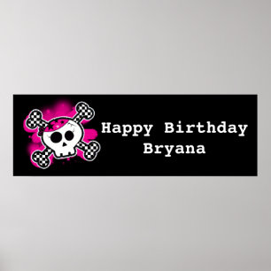 Pink Skull & Bones Girls Birthday Party Banner Poster