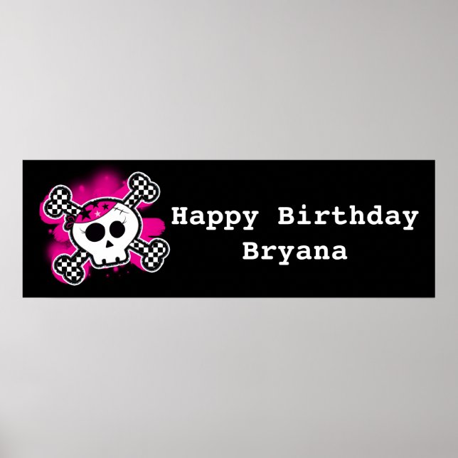 Pink Skull & Bones Girls Birthday Party Banner Poster (Front)