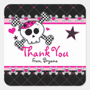 Pink Skull, Heart & Crossbones Party Favour Sticke Square Sticker
