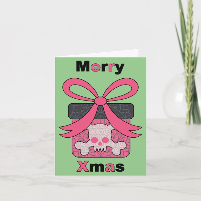 Pink Skull Merry Xmas Present Folded Holiday Card (Front)