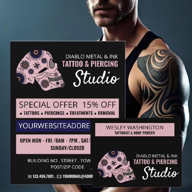 Pink Skull Tattoo, Tattooist & Body Piercer Business Card (Creator Uploaded)