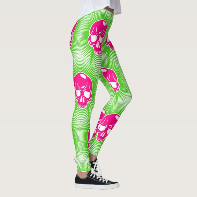 Pink Skull Trippy Line Pattern Leggings (Right)