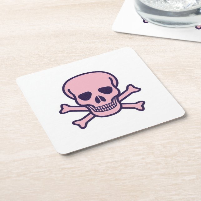 Pink Skull white paper drink coasters (Angled)