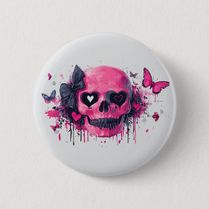 Pink Skull with Butterflies and Hearts 6 Cm Round Badge