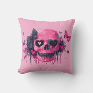 Pink Skull with Butterflies and Hearts Cushion