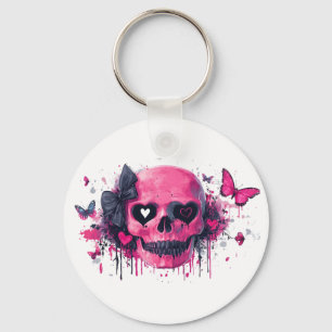 Pink Skull with Butterflies and Hearts Key Ring