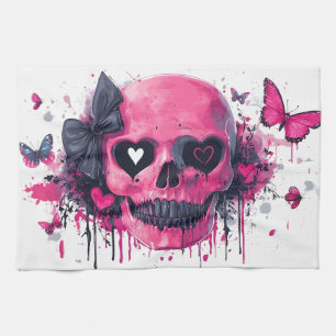 Pink Skull with Butterflies and Hearts Tea Towel