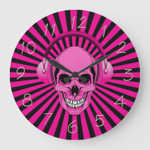 Pink Skull with Headphones Clock