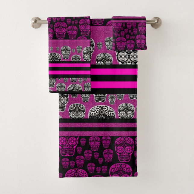 Pink Skulls And Stripes Bathroom Towel Set (Insitu)