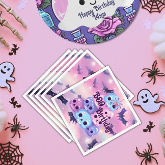 Pink skulls spooky bats spider halloween birthday napkin