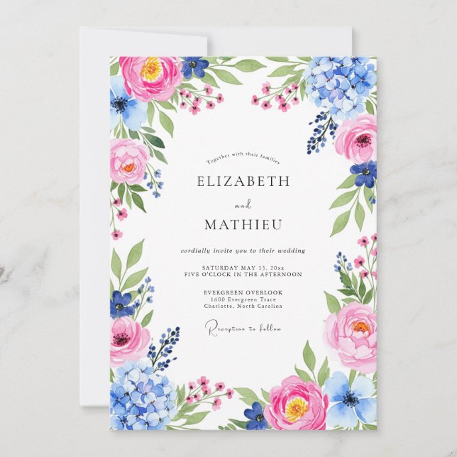 Pink Sky Blue Resplendent Spring Wedding Invitation (Front)
