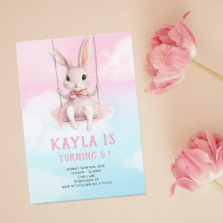 Pink Sky Bunny on Swing Birthday Invitation Easter