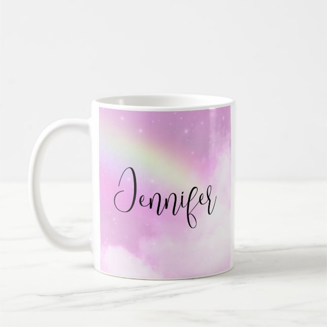 Pink Sky Fluffy Clouds and Rainbow Coffee Mug (Left)