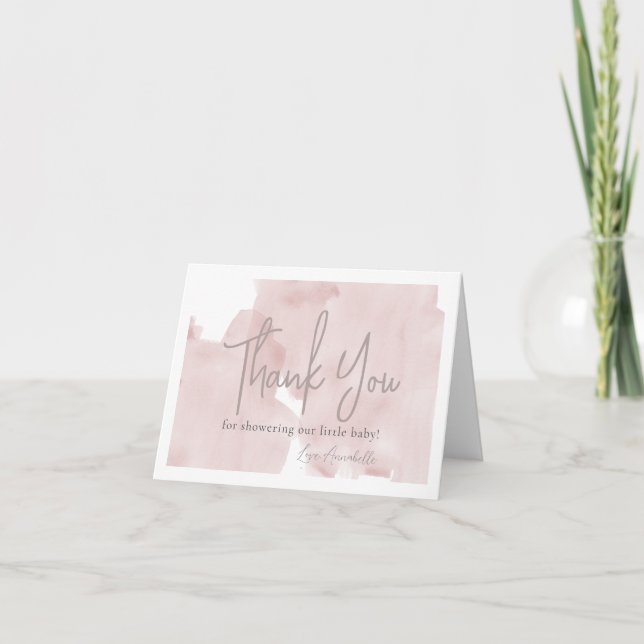 Pink Sky Watercolor Girl Baby Shower Thank You Card (Front)