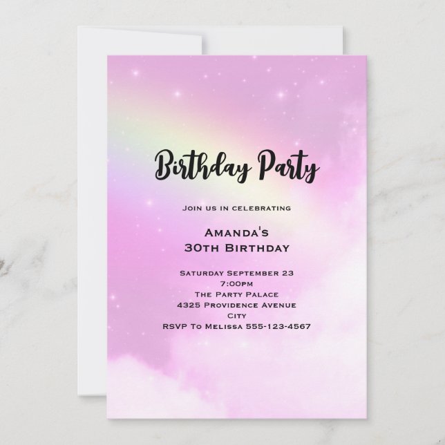 Pink Sky with Lemon Yellow Rainbow Birthday Invitation (Front)
