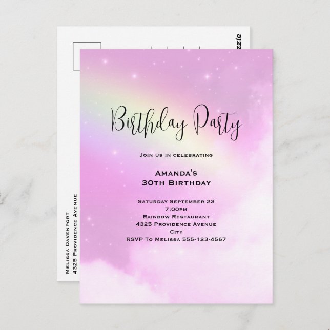 Pink Sky with Lemon Yellow Rainbow Birthday Invite Postcard (Front/Back)