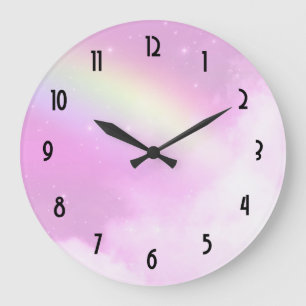 Pink Sky with Lemon Yellow Rainbow Large Clock