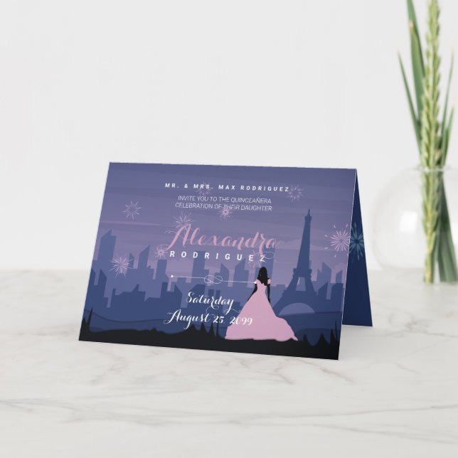Pink & Slate Blue Paris Fireworks Quinceañera Invitation (Front)
