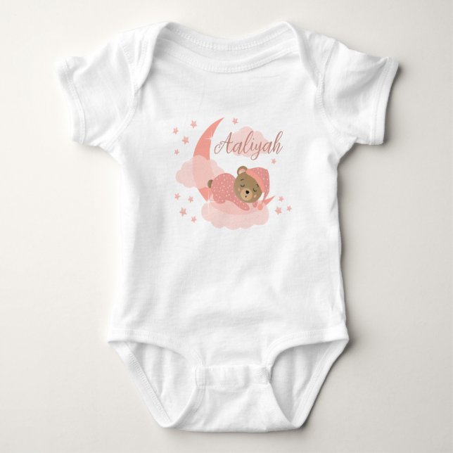 Pink Sleeping Baby Bear On Moon Clouds & Stars Bodysuit (Front)