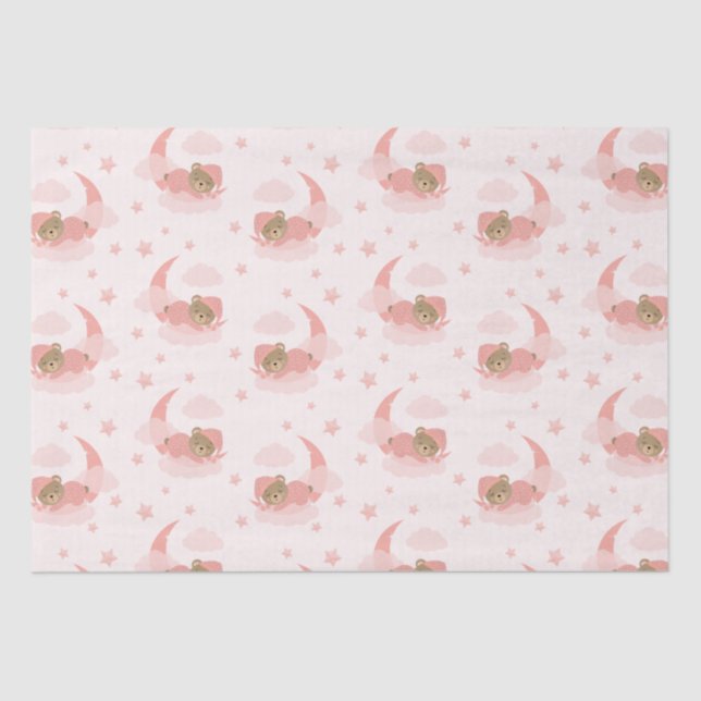 Pink Sleeping Baby Bear On Moon Clouds & Stars Tissue Paper (Front)