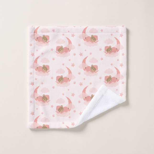 Pink Sleeping Baby Bear On Moon Clouds & Stars Wash Cloth (Wash Cloth)