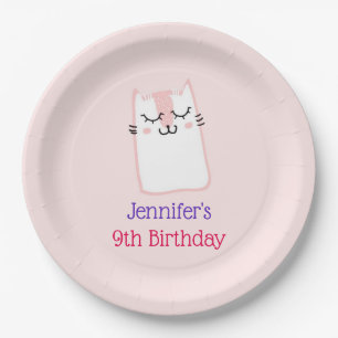 Pink Sleeping Kitty Cat Birthday Paper Plate
