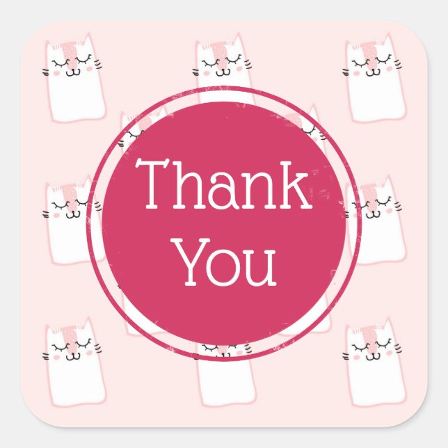 Pink Sleeping Kitty Cat Thank You Square Sticker (Front)