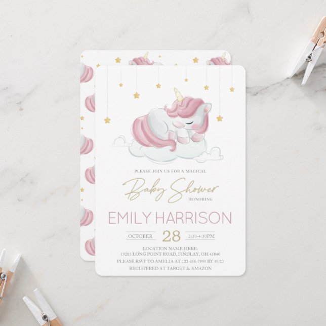 Pink Sleeping Unicorn Baby Shower Invitation (Front/Back In Situ)