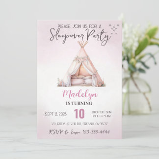 Pink Sleepover Boho Teepee Slumber Party Birthday Invitation