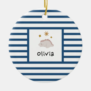 Pink Sleepy Baby Dino   Dark Blue Stripe Modern Ceramic Ornament