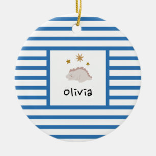 Pink Sleepy Baby Dino   Navy Blue Stripe Modern Ceramic Ornament