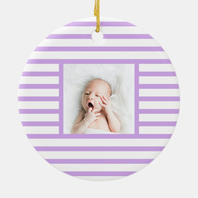 Pink Sleepy Baby Dino | Purple Stripe Modern Ceramic Ornament (Back)