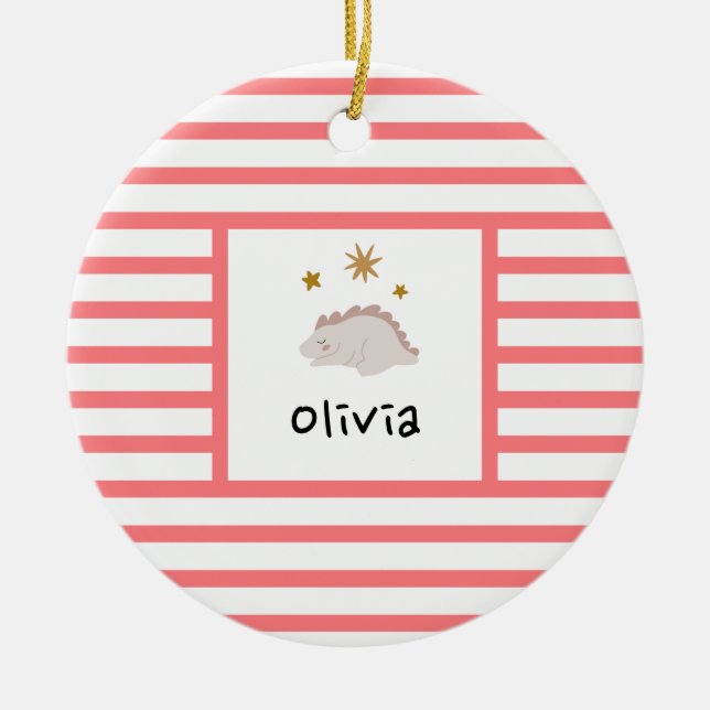 Pink Sleepy Baby Dino | Red Stripe Modern Ceramic Ornament (Front)