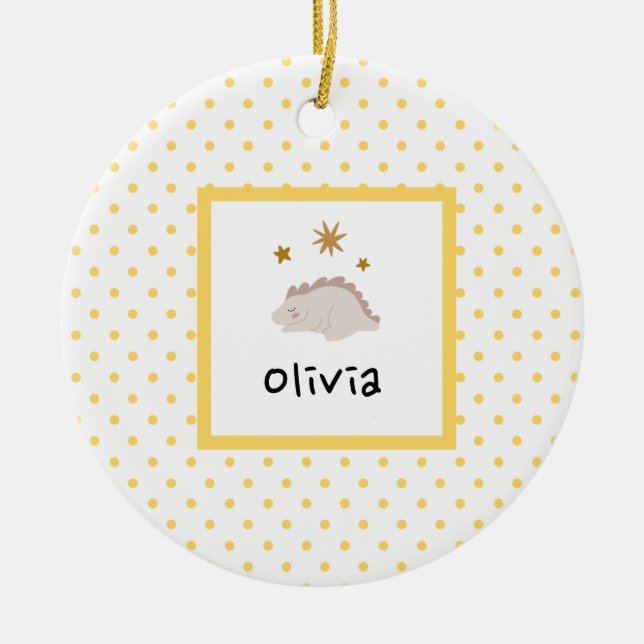 Pink Sleepy Baby Dino | Yellow Polka Dot Modern Ceramic Ornament (Front)
