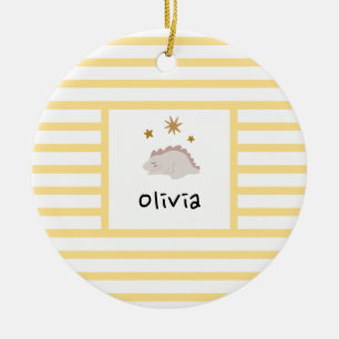 Pink Sleepy Baby Dino   Yellow Stripe Modern Ceramic Ornament