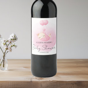 Pink Sleepy Kitten Watercolor Baby Girl Shower Wine Label