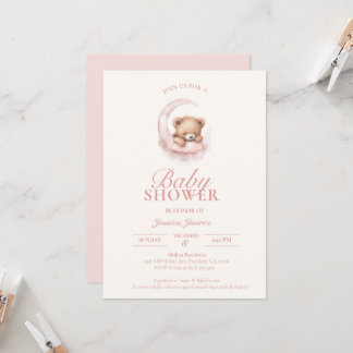 Pink Sleepy Teddy Bear Baby Shower Invitation