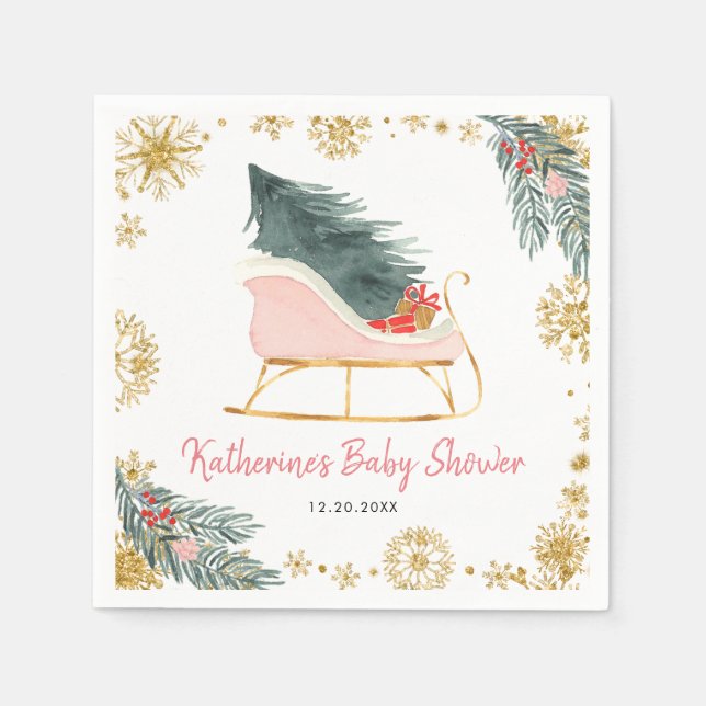 Pink Sleigh Baby Shower Little Bundle Paper Napkin (Front)
