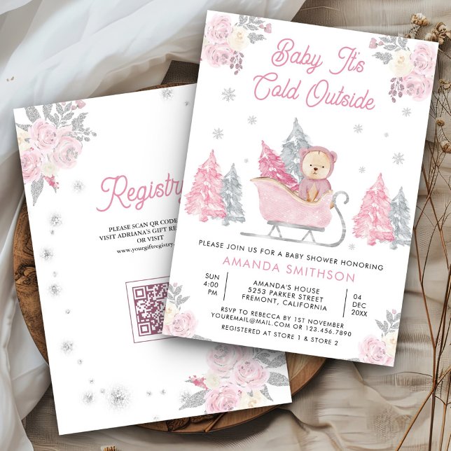 Pink Sleigh Cute Teddy Bear Baby Shower Invitation (Creator Uploaded)