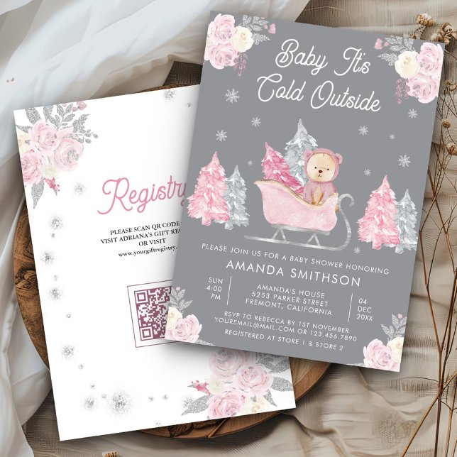 Pink Sleigh Cute Teddy Bear Grey Baby Shower Invitation (Creator Uploaded)