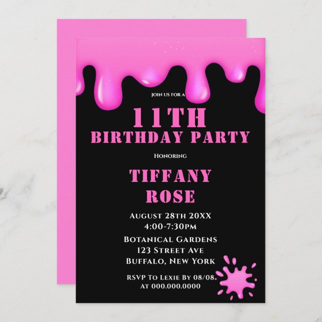 Pink Slime 11th Birthday Party Invitations  (Front/Back)